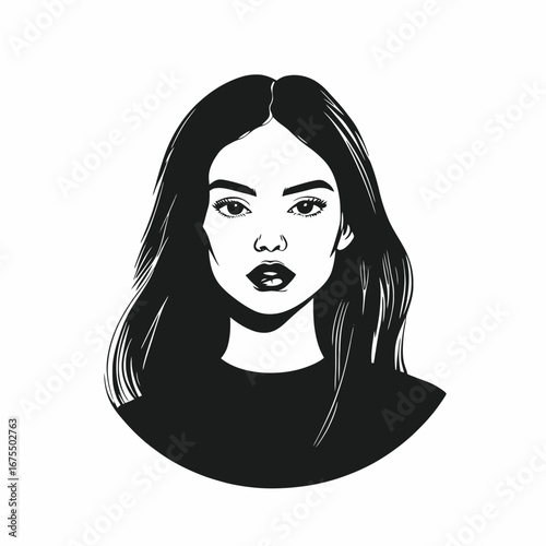 Elegant woman with long black hair illustrated in a sophisticated silhouette