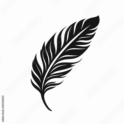 Elegant, minimalist black feather illustration on white background as a silhouette