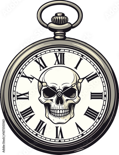 Skull Pocket Watch Roman Numerals Death Time Concept