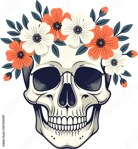 Human Skull With Floral Crown Day Of Dead Tattoo Print