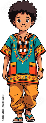 African Boy Wearing Dashiki and Harem Pants Children Character