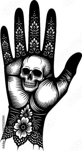 Skull Tattoo Hand With Floral Pattern Gothic Art