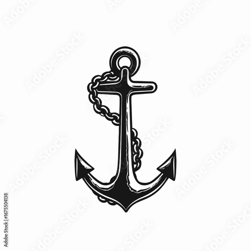 Nautical black anchor with chain maritime navigation equipment isolated vector silhouette