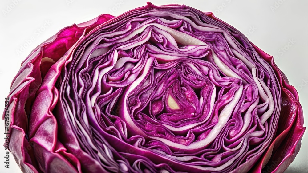 Obraz premium Thinly sliced red cabbage with vibrant purple layers exposed