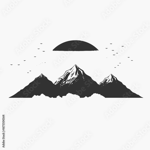 Mountainous landscape with birds flying at sunrise, artistic vector illustration silhouette