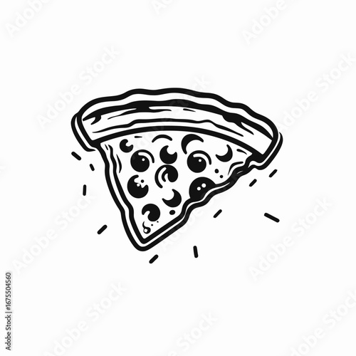 Delicious pizza slice illustration with toppings in bold artistic silhouette