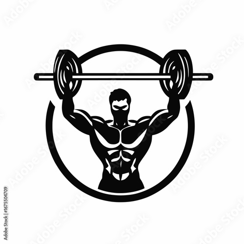 Strong man lifts barbell fitness gym weights training black vector silhouette