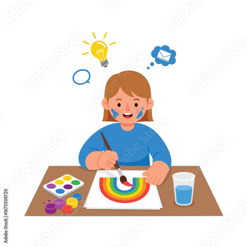 A girl joyfully paints a rainbow, showcasing creativity and inspiration.