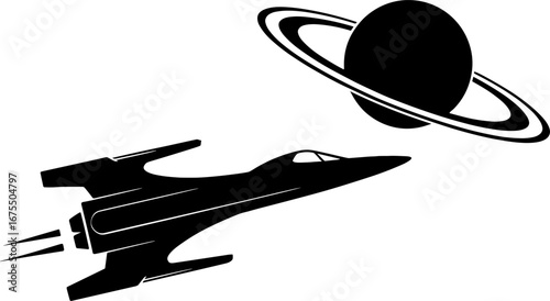 Futuristic Jet Flying Toward Ringed Planet Vector Illustration
