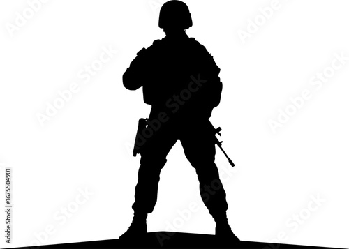 Silhouette of a Strong Soldier Standing with Rifle and Determination