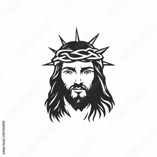 Jesus Christ portrait with crown of thorns monochrome vector silhouette