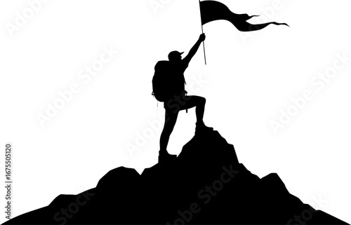 Adventurous Hiker Reaching Summit and Holding Flag in Victory