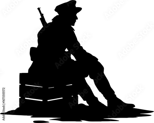 Silhouette of Soldier Resting on Crate with Rifle Reflection