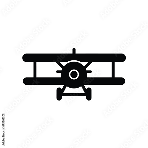 Silhouette of a classic biplane aircraft viewed from the front with propellers and wheels against a white background