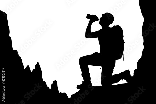 Silhouette of a Mountain Climber Drinking Water in Nature