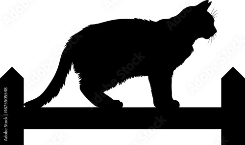 Black Cat Silhouette on Fence Ideal for Tattoo and Coloring Books
