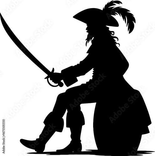 Silhouette of a Fearless Pirate with Sword Seated on Treasure Chest