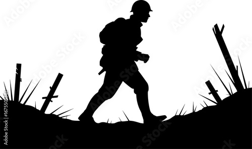 Soldier Walking Through Battlefield Silhouette Design for Tattoos