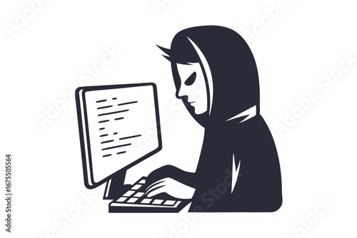 Hacker in Hood Typing on Computer on White Background