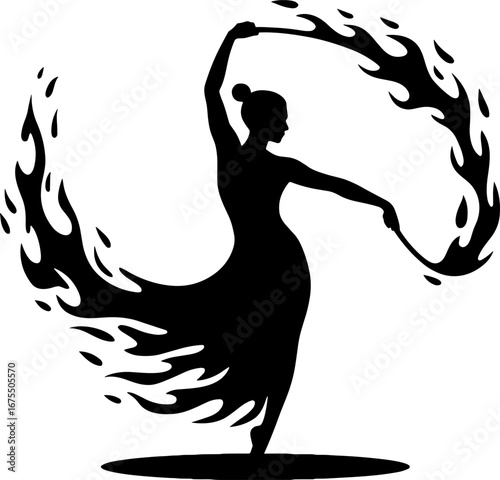 Fire Dancing Silhouette with Flowing Flames for Dynamic Design