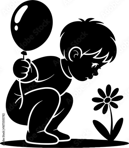 Curious Child Squatting with Balloon Discovering Flower in Garden