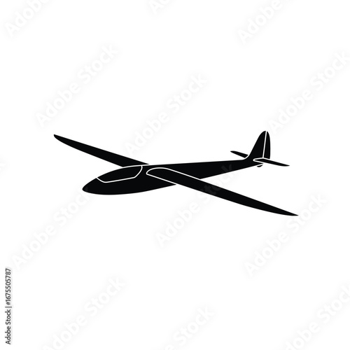Silhouette of a classic glider aircraft in flight against a clean white background representing freedom and aviation