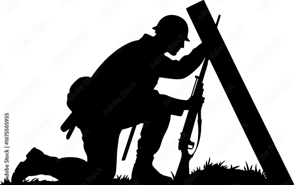 Fototapeta premium Soldier Kneeling in Silhouette with Rifle by Wooden Post