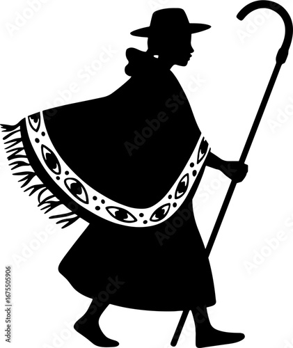 Silhouette of Andean Shepherd Walking with Staff in Traditional Attire