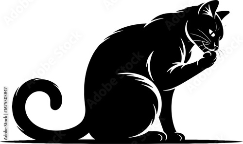 Elegant Black Cat Silhouette Grooming Its Paw Design for Art Projects