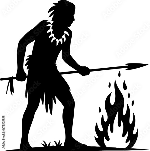 Indigenous Warrior Standing Near Fire with Spear Silhouette