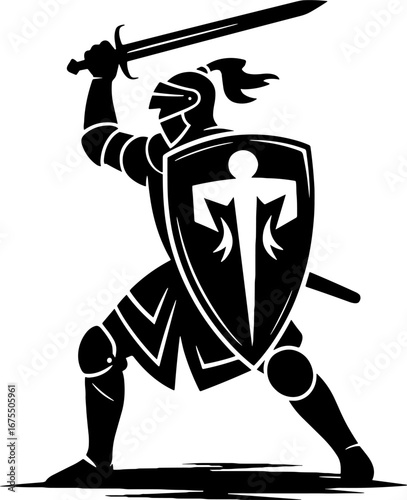Knight in Armor Wielding Sword and Shield for Medieval Design