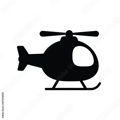 Simple black silhouette of a helicopter with rotor blades tail rotor and landing skids on a white background