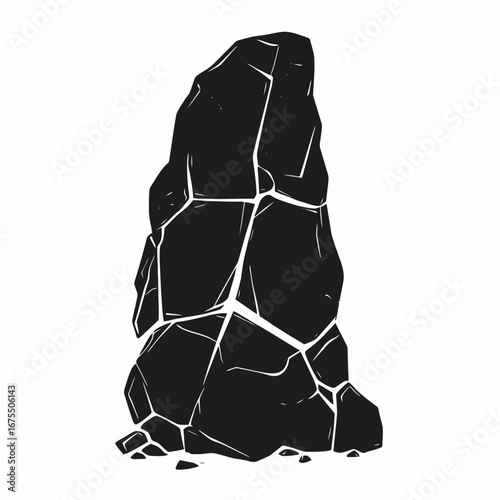 Jagged boulder formation with fractured elements stands strikingly in stark grayscale silhouette