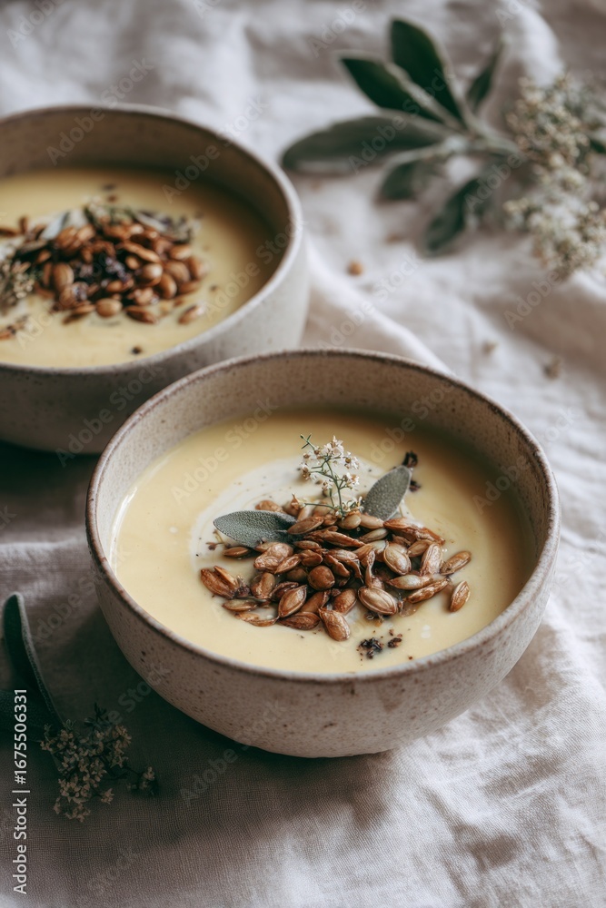 Fototapeta premium Pumpkin cream soup, autumn background, autumn seasonal food, aesthetic, instagrammable, beautiful autumn photo. For social media posts
