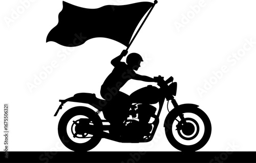 Silhouette of Biker Riding Motorcycle with Flag in Hand