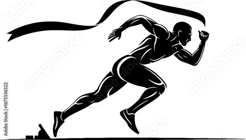 Dynamic Athlete Sprinting with Ribbon Finish Line Energy and Motion