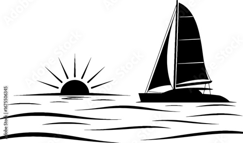 Sailing Boat at Sunset Vector Design for Tattoos and Coloring Books