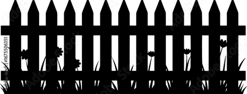 Silhouette of a Picket Fence with Grass and Flowers Design