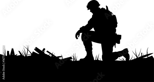 Silhouette of Soldier Kneeling in Combat Area for Memorial Art