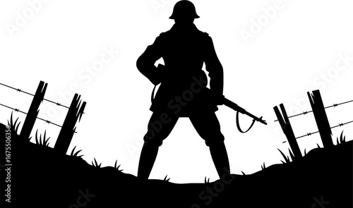 Silhouette of Soldier with Rifle Against Barbed Wire Background