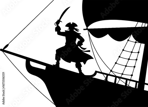 Pirate Standing on Ship Bow with Sword in Hand Silhouette Design