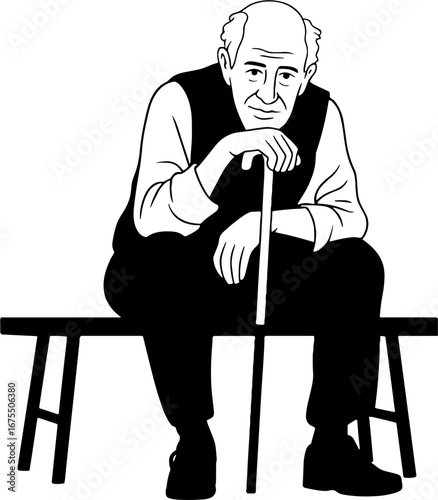 Thoughtful Elderly Man Sitting on Bench with Cane Illustration