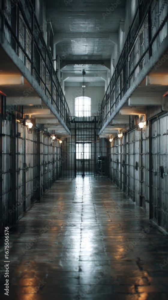 Fototapeta premium Exploring an empty prison corridor at dusk