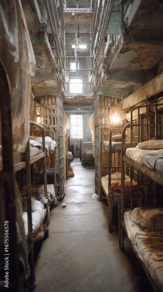 Fototapeta premium Old prison cell block with dim lighting