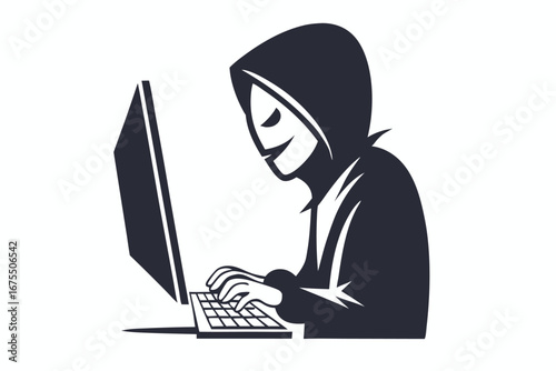 Dark Hooded Figure at Computer on White Background