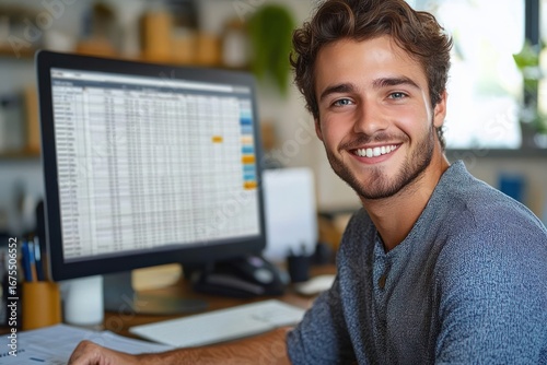 Smiling young man sitting at a desk working on a computer with spreadsheets displayed on the screen in a bright modern office environment