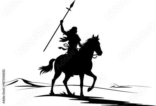 Warrior on Horseback with Spear in Dynamic Silhouette Pose