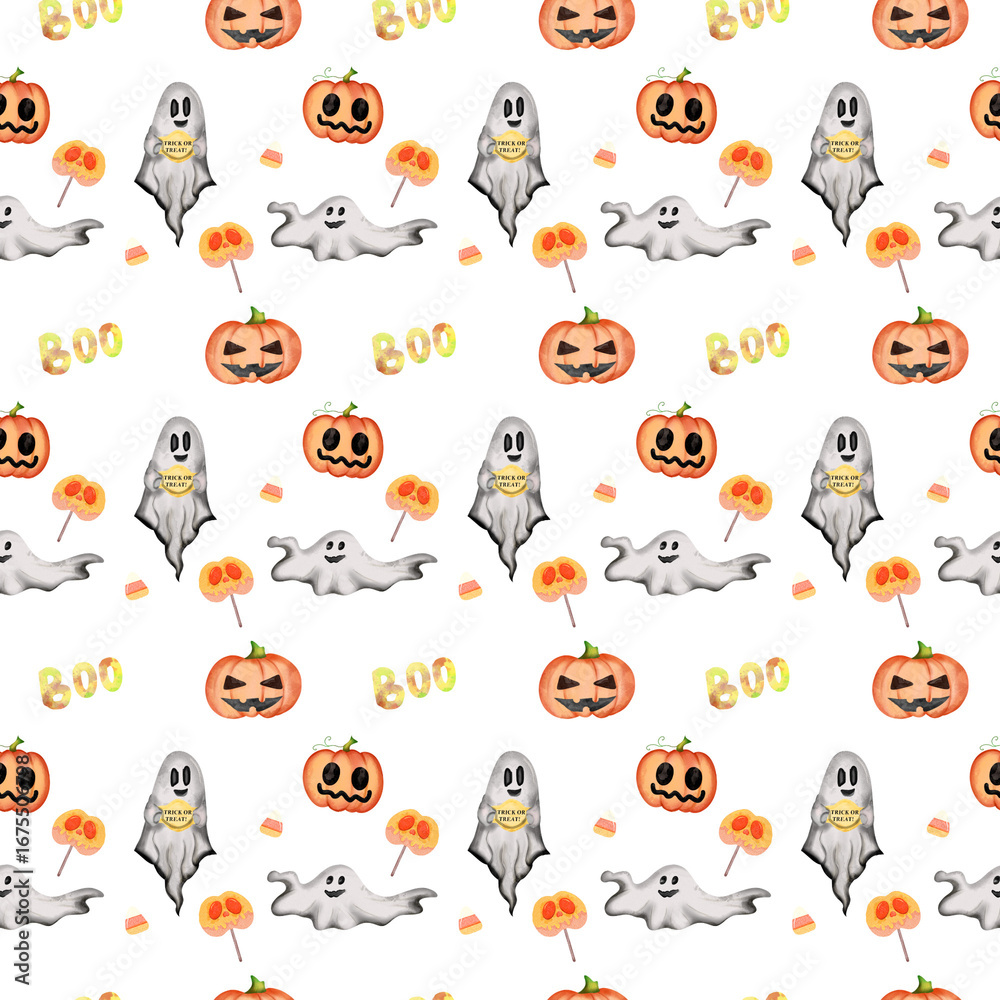 Fototapeta premium Decorative Halloween pattern featuring ghosts, pumpkins, and candy in a playful arrangement