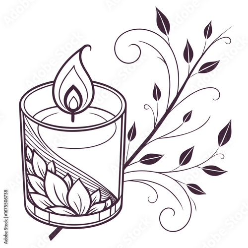 Vector art of a candle with a flame and floral branch, a decorative element for relaxation, spa therapy, and romantic ambiance
