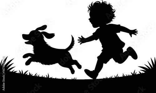 Child and Dog Running Together in Playful Silhouette Art